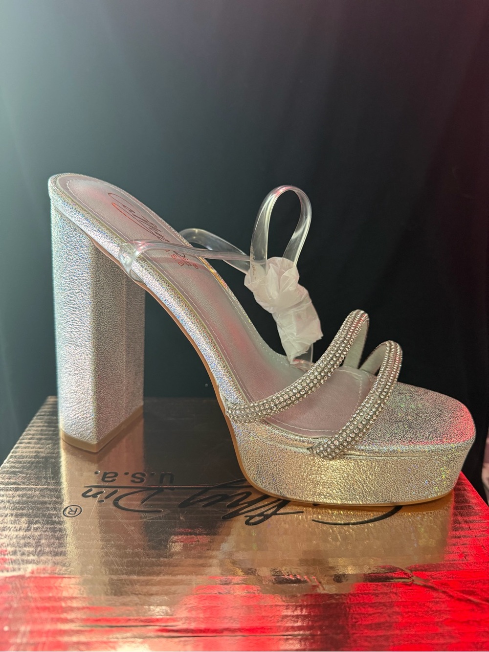 Silver Crystal-Embellished Platform Heel Sandals - Women's